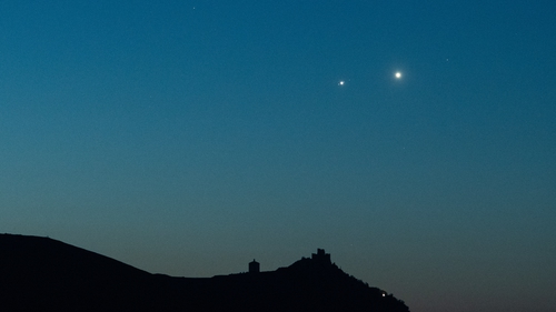 Planets Jupiter and Venus in conjunction before sunrise near Abruzzo, central Italy, this morning