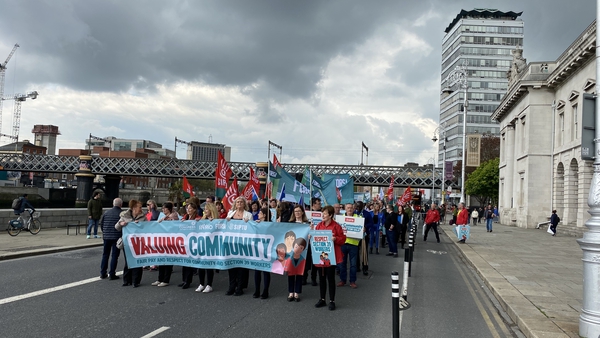 Workers pictured at their protest in Dublin today