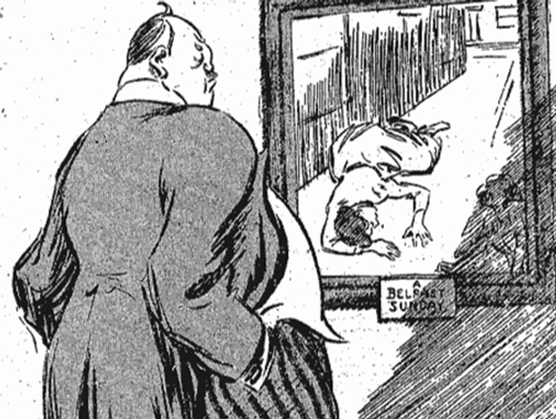 Cartoon depicting James Craig observing sectarian violence in Belfast Photo: The Freeman's Journal, 16 May 1922
