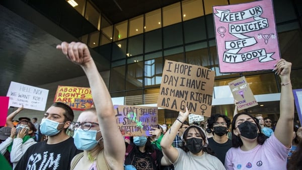 Demonstrators during an abortion rights protest outside a courthouse in Los Angeles, California