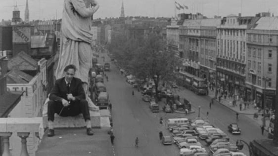 Kevin O'Kelly reporting from the roof of the GPO on Dublin's O'Connell Street (1962)