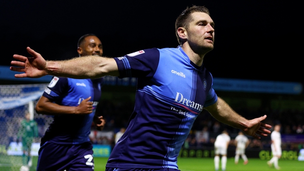 Sam Vokes celebrates Wycombe Wanderers' second of the first leg play-off