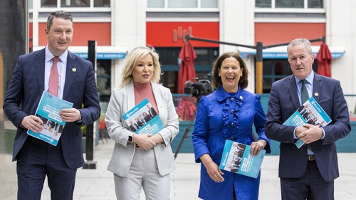 John Finucane MP, Sinn Féin Vice-President Michelle O'Neill, Sinn Féin President Mary Lou McDonald, and Conor Murphy during the party's manifesto launch at the MAC, Belfast
