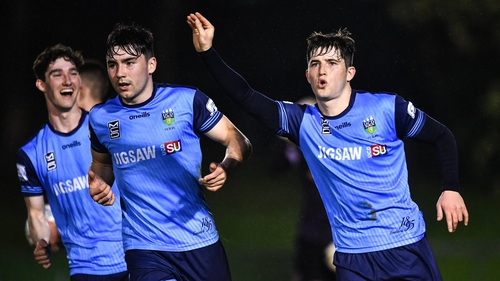 Colm Whelan (right) after the second of his goals against Dundalk