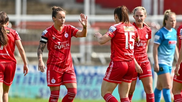 Shelbourne players Pearl Slattery, left, and Jemma Quinn celebrate after their side's victory