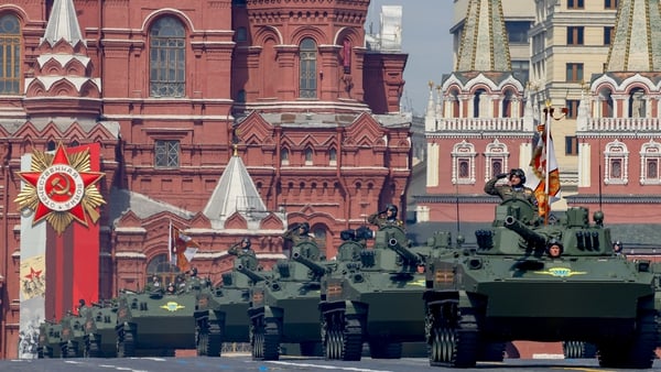 Russian tanks in Victory Day rehearsals in Red Square yesterday