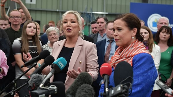 Michelle O'Neill and Mary Lou McDonald addressing the media in Magherafelt, Co Derry, today