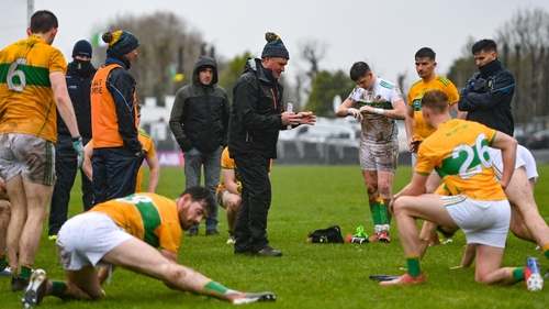 Terry Hyland speaking to the Leitrim players after their 2020 loss to Mayo