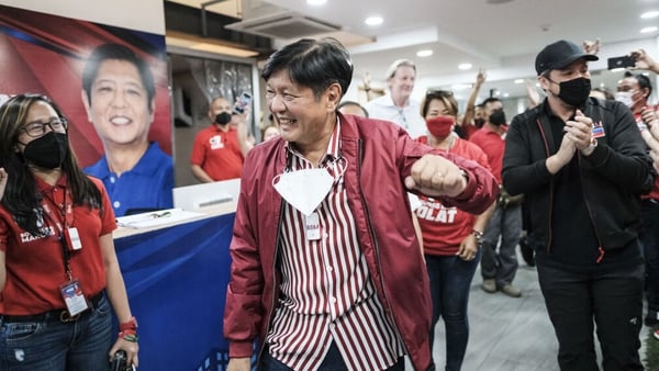 Ferdinand Marcos Jr arrives at his campaign headquarters in Mandaluyong City, Manila