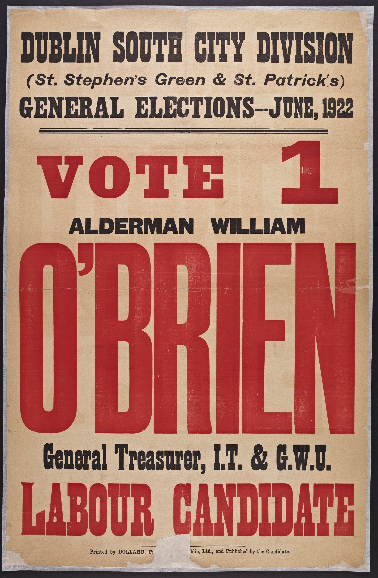 Image - Poster for Labour candidate William O'Brien. Image courtesy of the National Library of Ireland