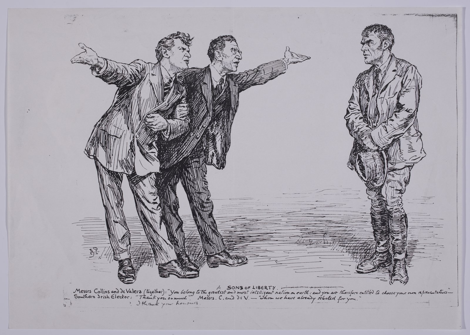 Image - A handbill featuring a reprint of a cartoon by Bernard Partidge [B.P] that originally appeared in 'Punch' magazine in May 1922 mocking the Pact Election. This pact confirmed British suspicions of Collins. Image courtesy of the National Library of Ireland