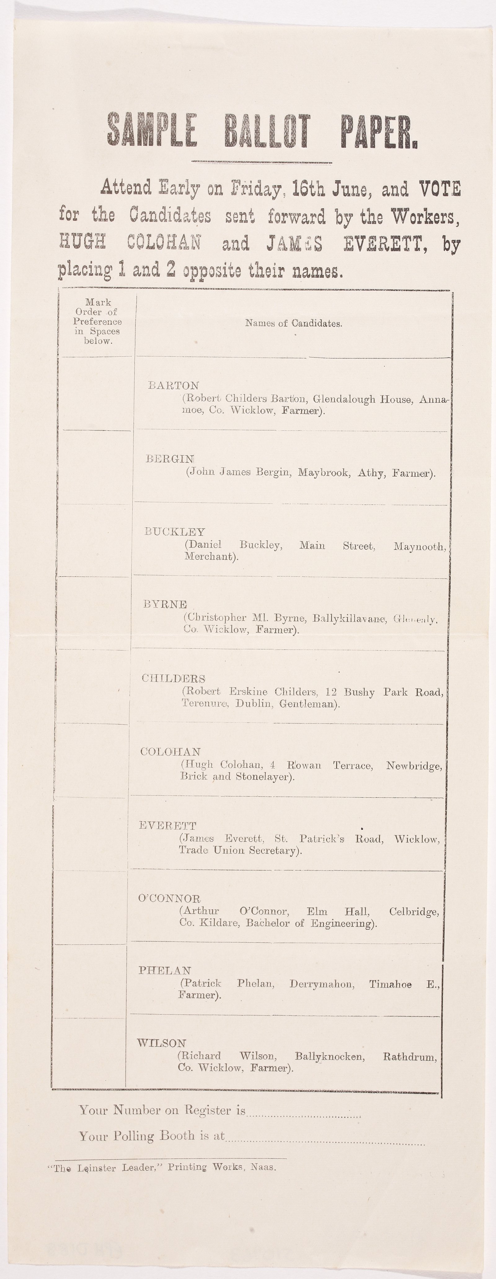 Image - Sample ballot paper listing all candidates standing for Co. Wicklow in the 1922 general election but requesting support in particular for the Labour Party candidates. Image courtesy of the National Library of Ireland