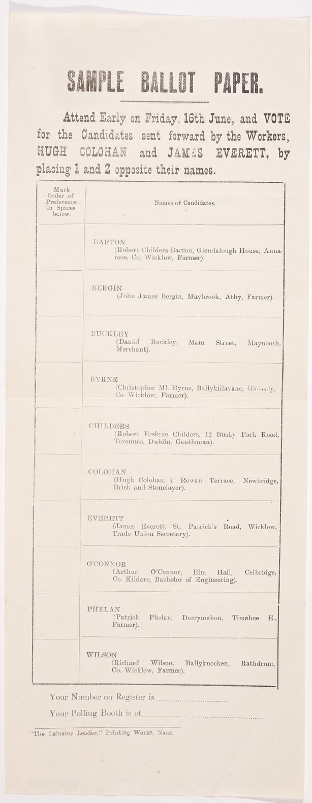 Sample ballot paper in 1922 seeking support for the Labour party
