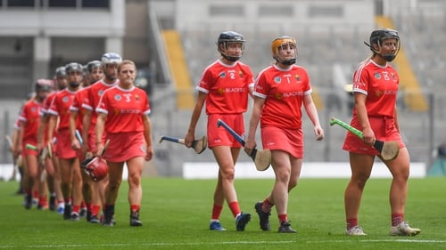 The Cork players in the parade for last year's All-Ireland camogie final defeat to Galway