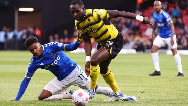 Demarai Gray of Everton battles for possession with Moussa Sissoko of Watford