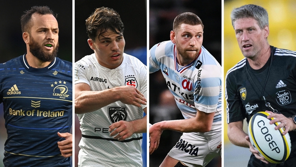 Leinster's Jamison Gibson-Park, Toulouse's Antoine Dupont, Racing 92's Finn Russell and La Rochelle director of rugby Ronan O'Gara