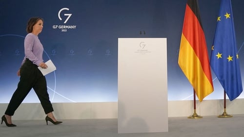 German Foreign Minister Annalena Baerbock arrives to give a press statement at the end of the G7 Foreign Ministers meeting today