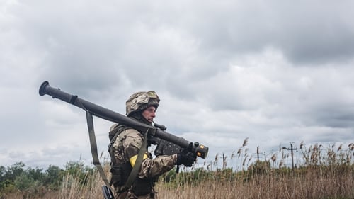 A Ukrainian soldier is pictured with an anti-aircraft weapon in Donetsk