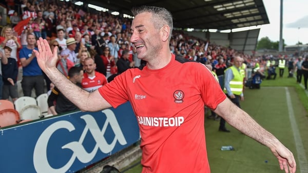 Derry manager Rory Gallagher celebrates with the fans