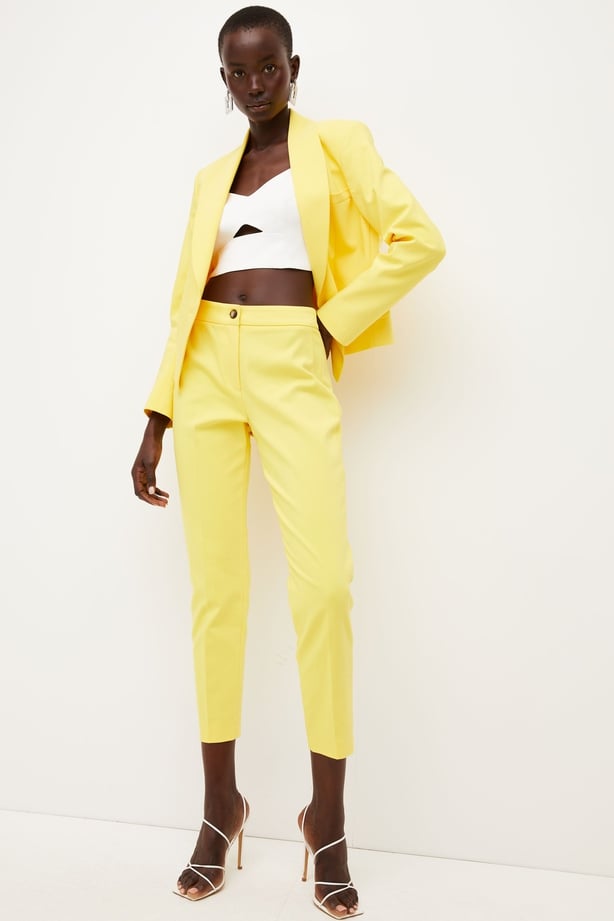 Karen Millen Cotton Sateen Cut Away Tailored Jacket in Yellow; Cotton Sateen Tailored Slim Leg Trouser