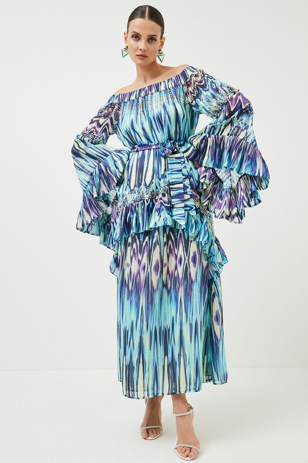 Karen Millen Tie Dye Studded Woven Barot Drama Maxi Kimono