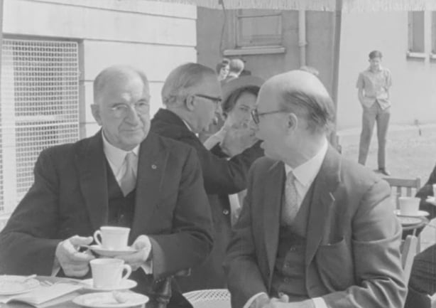 Éamon de Valera enjoying a cup of tea at Trinity Week (1962)