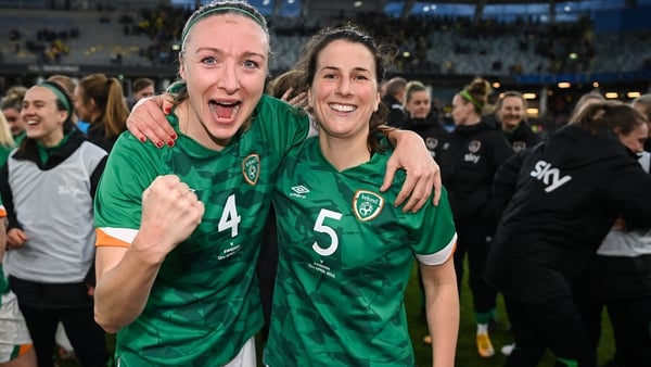 Louise Quinn (L) with Niamh Fahey after the Republic of Ireland's draw in Sweden