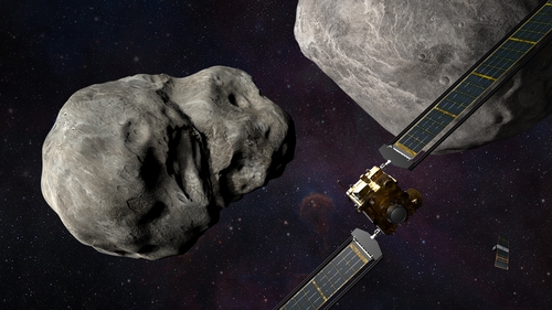 NASA DART and LICIS Cube Sat approach the double asteroid Didymos and Dimorphos 11 million km from Earth. 
Image credit: NASA/JHUAOA