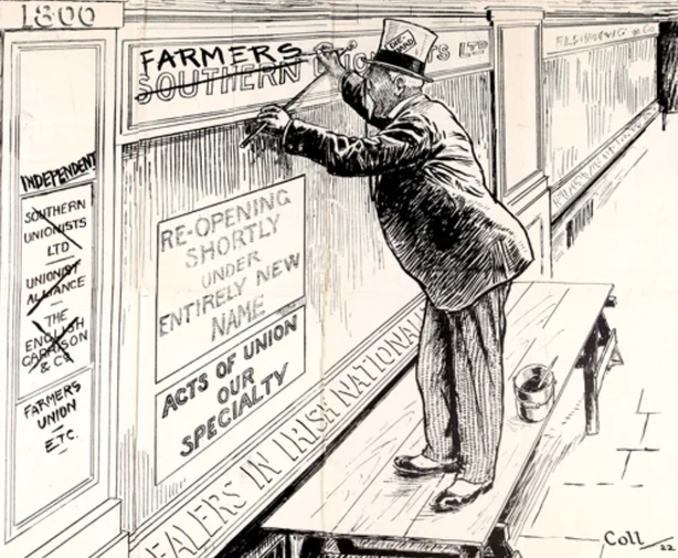 A planographic print from 1922 of a cartoon by the artist Coll. The Farmers' Party, political wing of the Irish Farmers' Union referred to here, won 7 seats in Dáil Éireann in the 1922 General Election Photo: National Library of Ireland, 1922