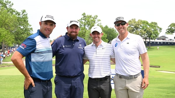 Padraig Harrington, Shane Lowry, Rory McIlroy and Seamus Power after a practice round at Southern Hills