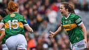 Danielle O'Leary celebrates with team-mate Louise Ní Mhuircheartaigh after her goal in the Division 2 final last month