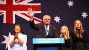 Scott Morrison concedes defeat flanked by his wife Jenny and daughters Lily and Abbey concedes defeat