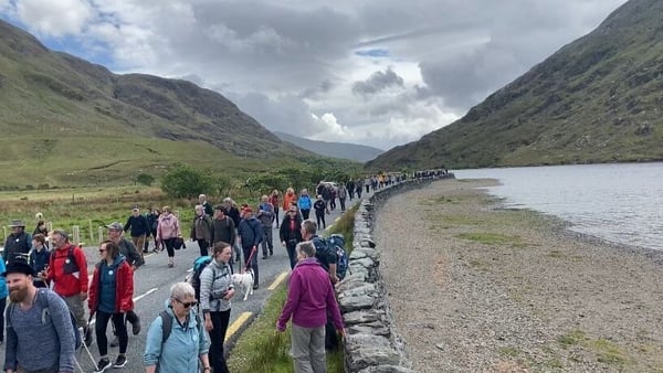 The walkers gathered first at Louisburgh, where acclaimed musician and writer Patrick O'Laoghaire played at an informal ceremony (Photo credit: Rogers Whelan/Afri)