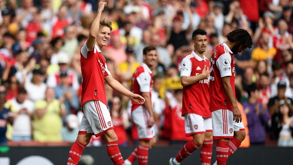 Martin Odegaard celebrates Arsenal's fifth goal