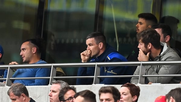 James Lowe (l), Johnny Sexton and Caelan Doris at the Leinster-Munster game on Saturday