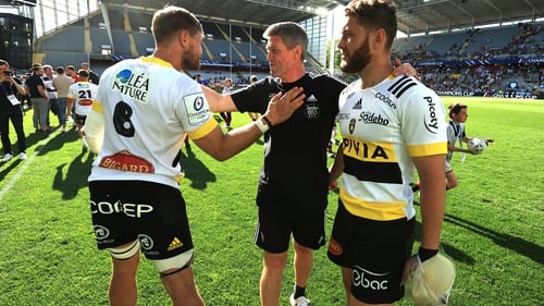 Tawera Kerr-Barlow (R) with his hand heavily bandaged after the win over Racing 92