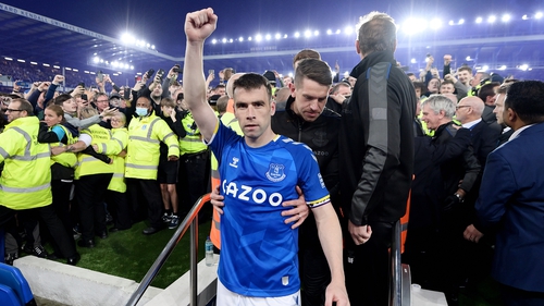 Seamus Coleman celebrates after Everton secured their safety