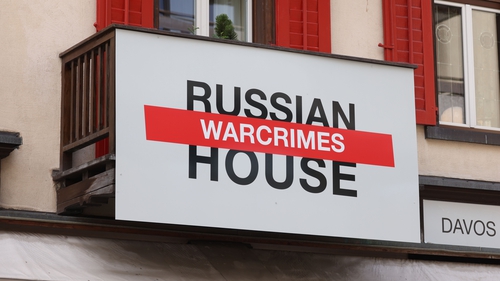 Russia House has been transformed into 'Russian War Crimes House' in Davos