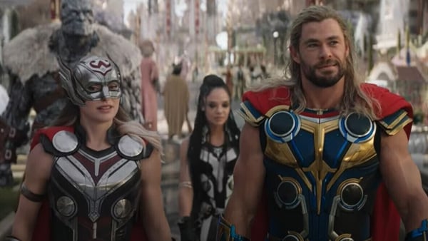 Natalie Portman, Tess Thompson and Chris Hemsworth in the trailer for Thor: Love and Thunder. Image credit Marvel Studios/YouTube.