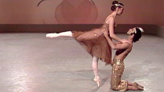 Babil Gandara and Kathleen McInerney, both members of the Irish Ballet Company, perform the parts of Conrad and Medora in the pas-de-deux from 'Le Corsaire' during recording in Studio 1 in March 1977.