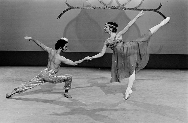 Babil Gandara and Kathleen McInerney, both members of the Irish Ballet Company, perform the parts of Conrad and Medora in the pas-de-deux from 'Le Corsaire' during recording in Studio 1 in March 1977.