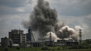Smoke after Russian missiles strike a factory today in Soledar in the Donbas region of eastern Ukraine