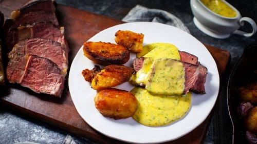 Mark Moriarty's double sear rib of beef, dripping roast potato, bearnaise sauce