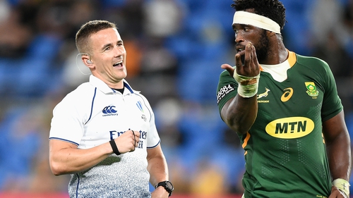 Luke Pearce (l) was mic'd up to the stadium PA during Australia v South Africa in last year's Rugby Championship