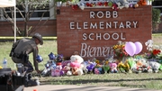 A view from the makeshift memorial in front of Robb Elementary School in Uvalde, Texas