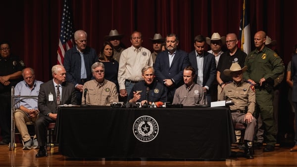 Texas Governor Greg Abbott speaking during the press conference at Uvalde High School yesterday
