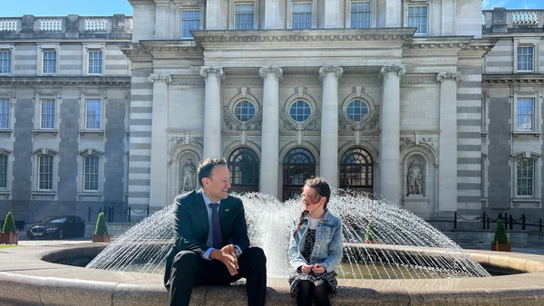 Tánaiste Leo Varadkar chats to Cara Darmody outside Government Buildings