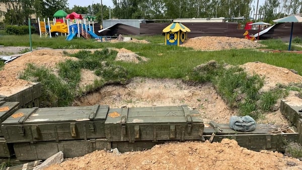 A bunker at the playground of a school in Hostomel (Pics: Aidan Geraghty)