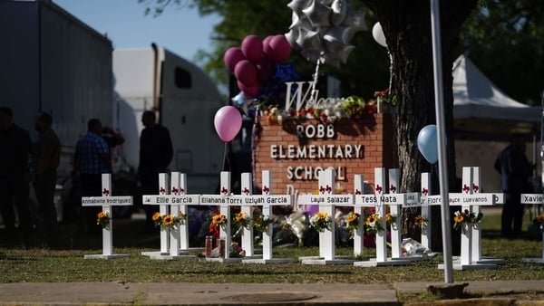 A makeshift memorial in front of Robb Elementary school in Uvalde, Texas