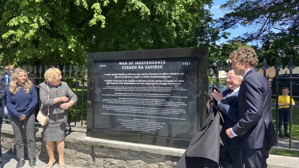 President Michael D Higgins and his wife Sabina with Cathaoirleach of the Seanad, Mark Daly, at the unveiling of a War of Independence monument in Kenmare